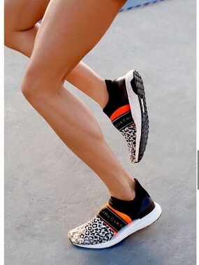 Stella McCartney X Adidas Black & Orange Leopard Knit Slip-On Sneakers